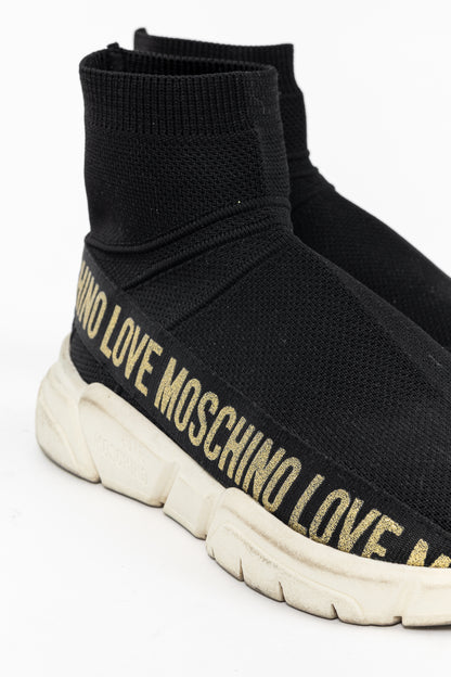 Love Moschino Black Glitter-Logo Sock Sneakers
