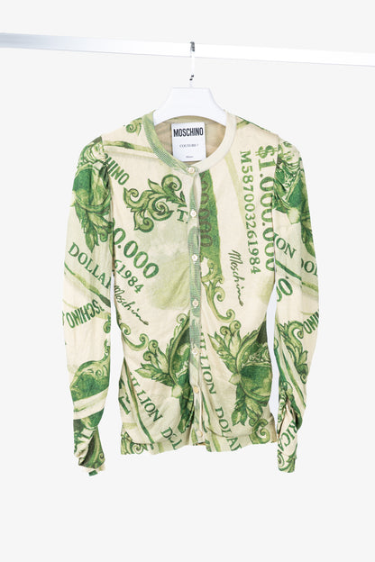 Moschino AW/19 Green Wool Money-Print Ruched Cardigan