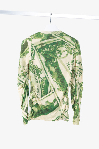Moschino AW/19 Green Wool Money-Print Ruched Cardigan