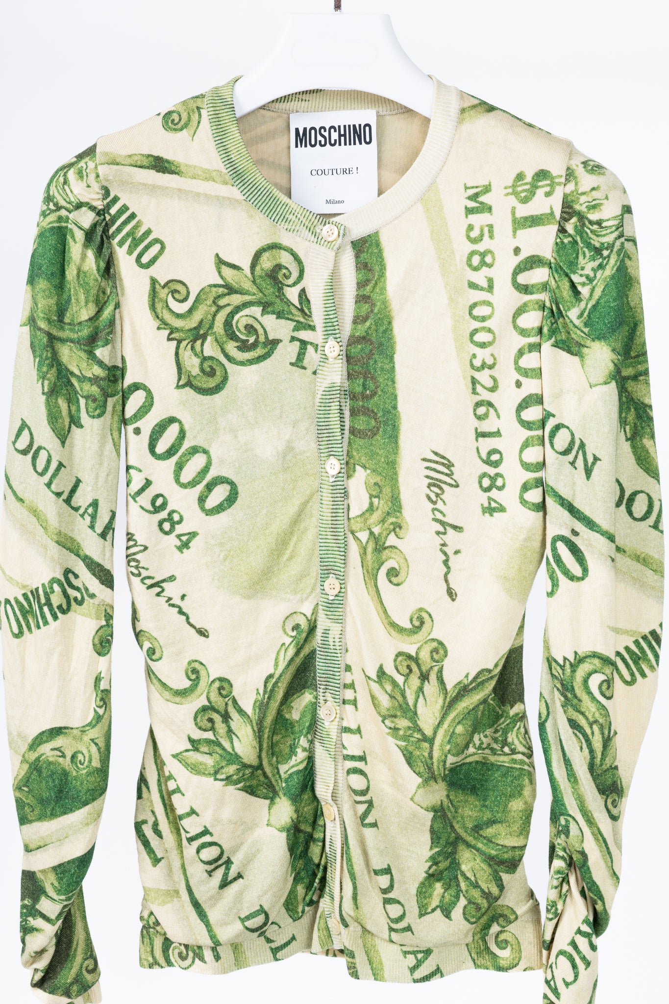 Moschino AW/19 Green Wool Money-Print Ruched Cardigan