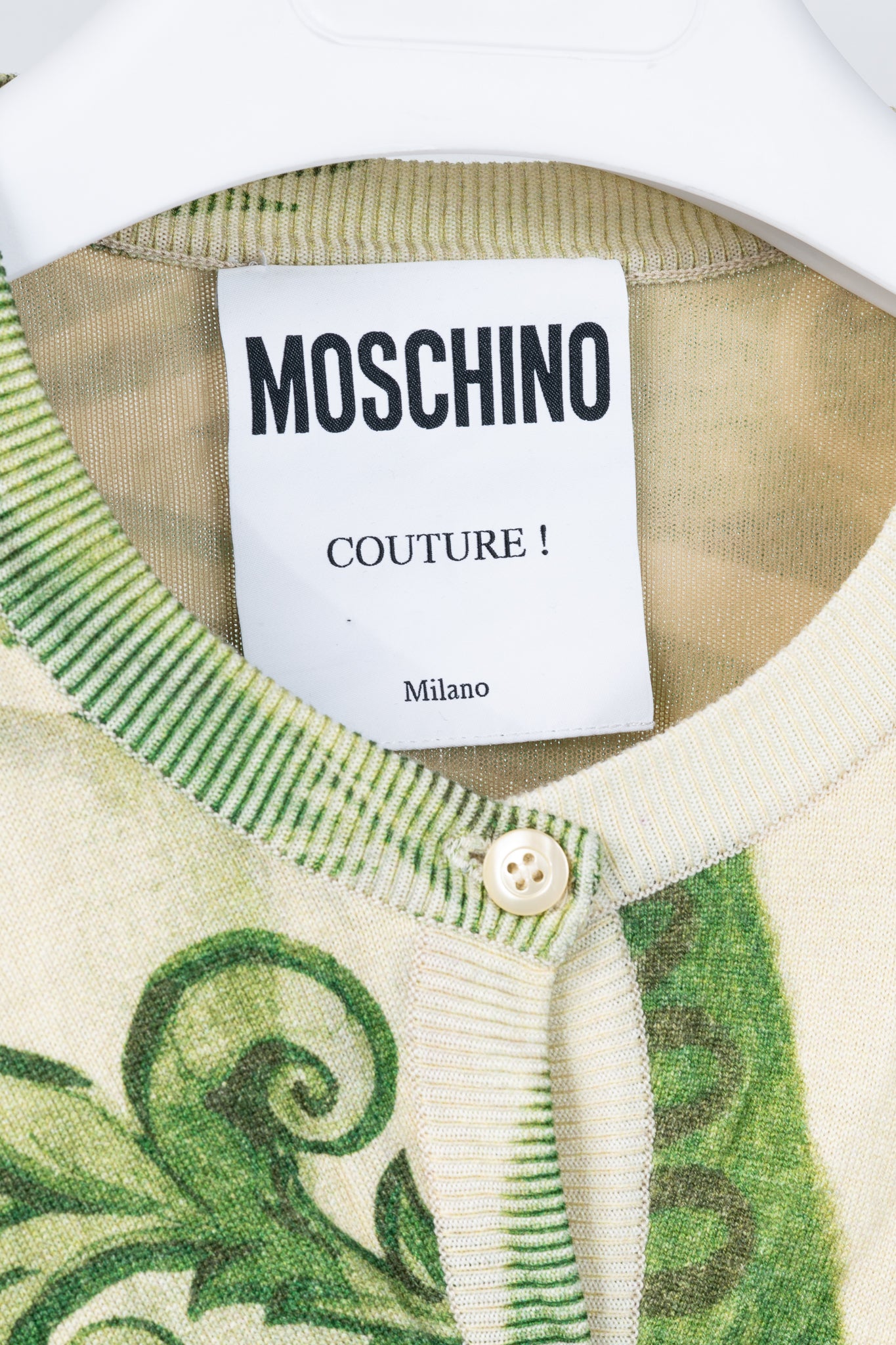 Moschino AW/19 Green Wool Money-Print Ruched Cardigan