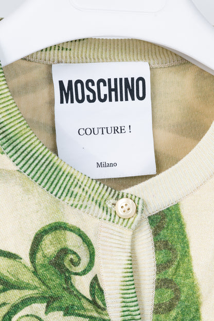 Moschino AW/19 Green Wool Money-Print Ruched Cardigan