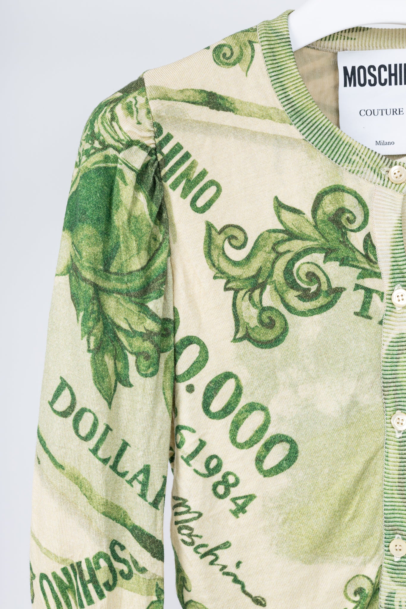 Moschino AW/19 Green Wool Money-Print Ruched Cardigan