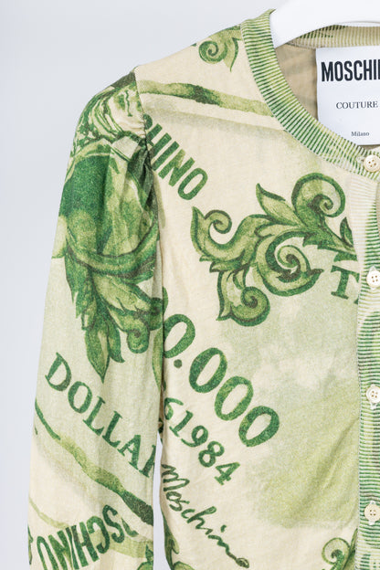 Moschino AW/19 Green Wool Money-Print Ruched Cardigan