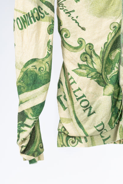 Moschino AW/19 Green Wool Money-Print Ruched Cardigan