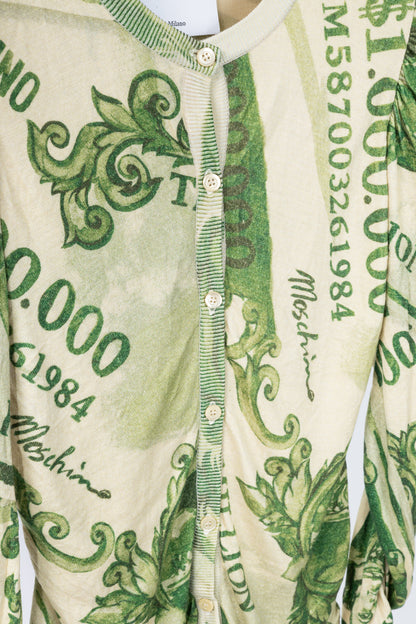 Moschino AW/19 Green Wool Money-Print Ruched Cardigan