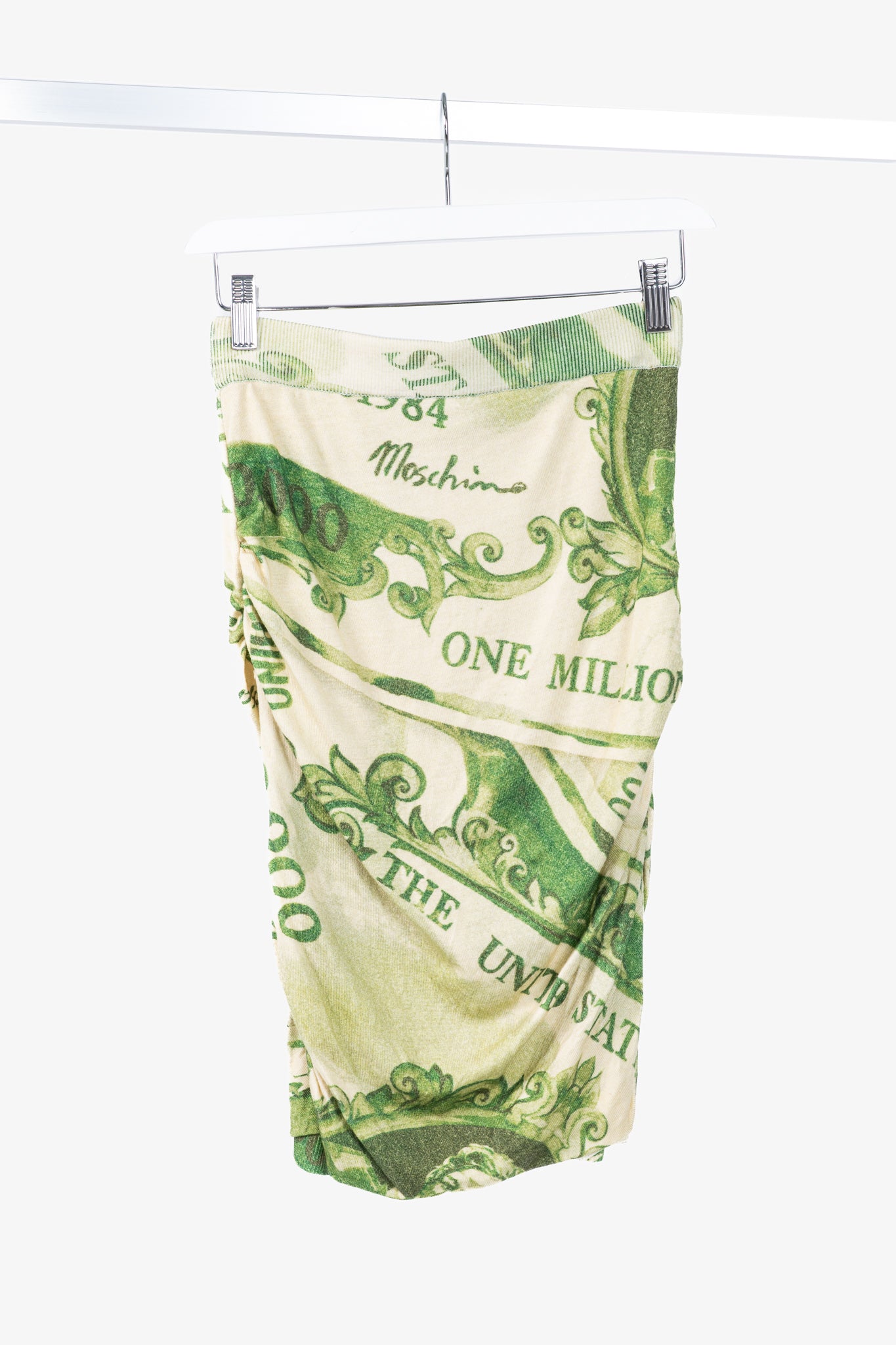 Moschino AW/19 Green Wool Money-Print Ruched Skirt
