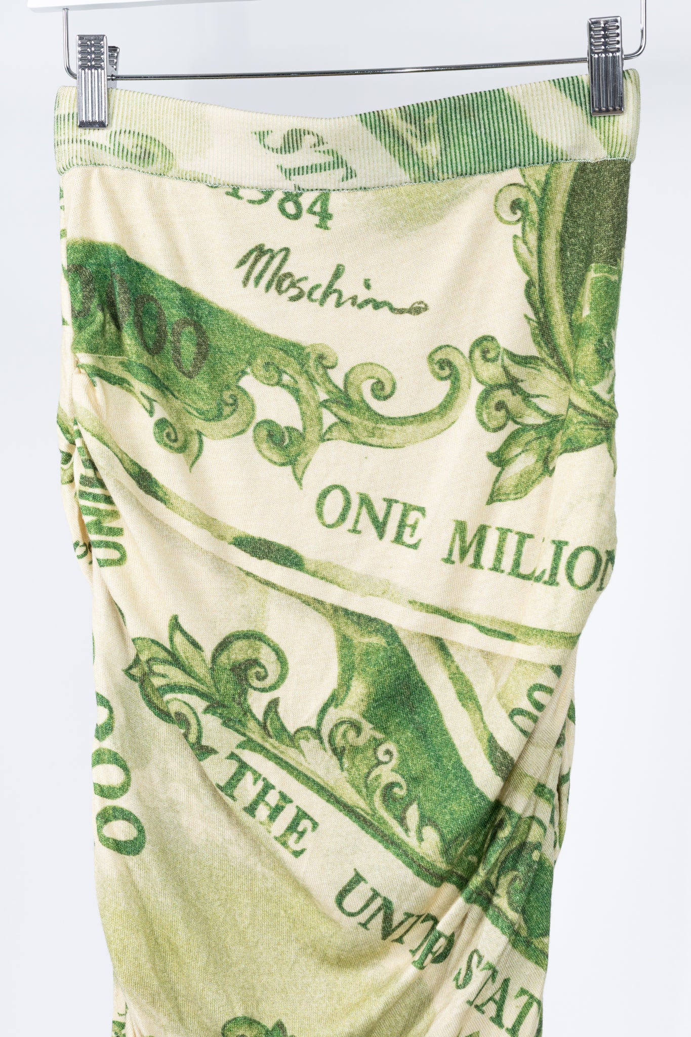 Moschino AW/19 Green Wool Money-Print Ruched Skirt