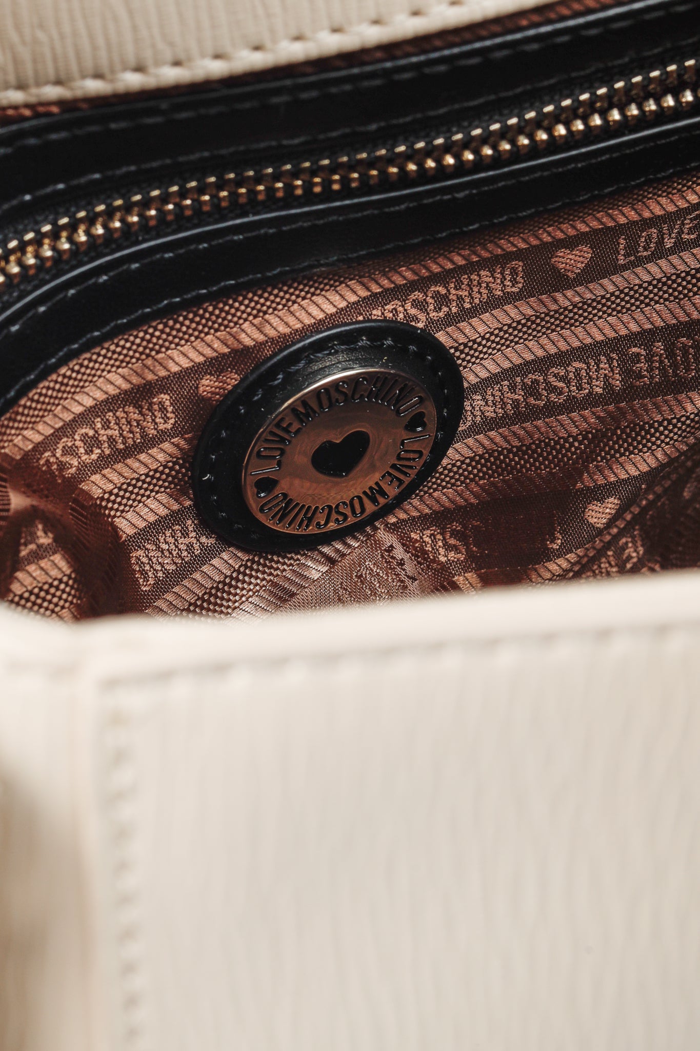 Love Moschino Cream Vegan-Leather Heart-Logo Shoulder Bag