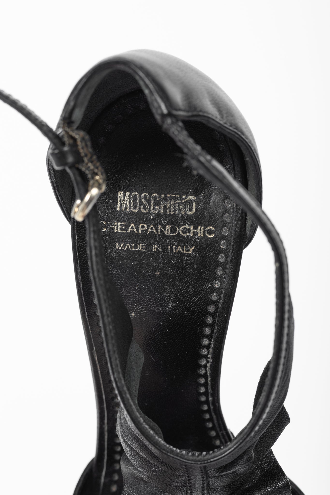 Moschino Cheap and Chic Black Leather Ruffle T-Strap Sandals