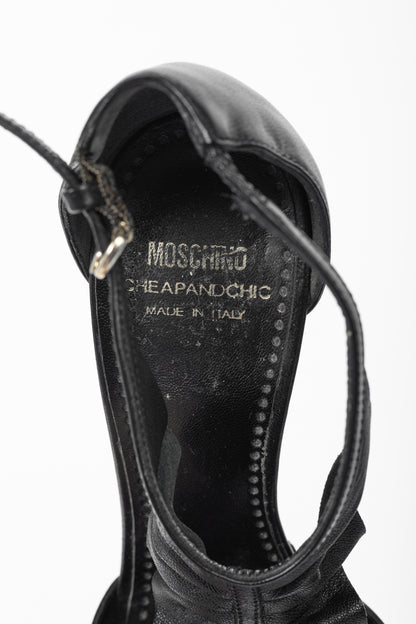 Moschino Cheap and Chic Black Leather Ruffle T-Strap Sandals