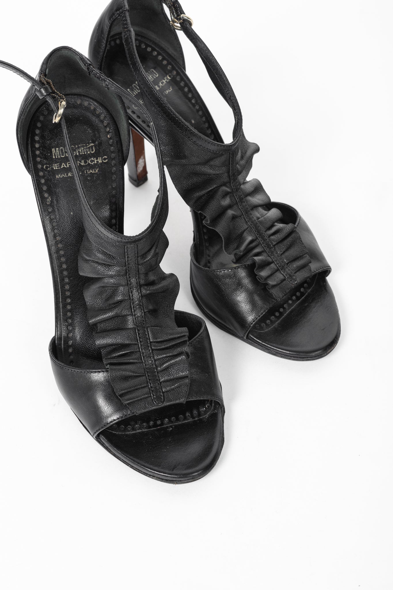 Moschino Cheap and Chic Black Leather Ruffle T-Strap Sandals
