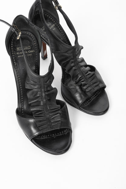Moschino Cheap and Chic Black Leather Ruffle T-Strap Sandals