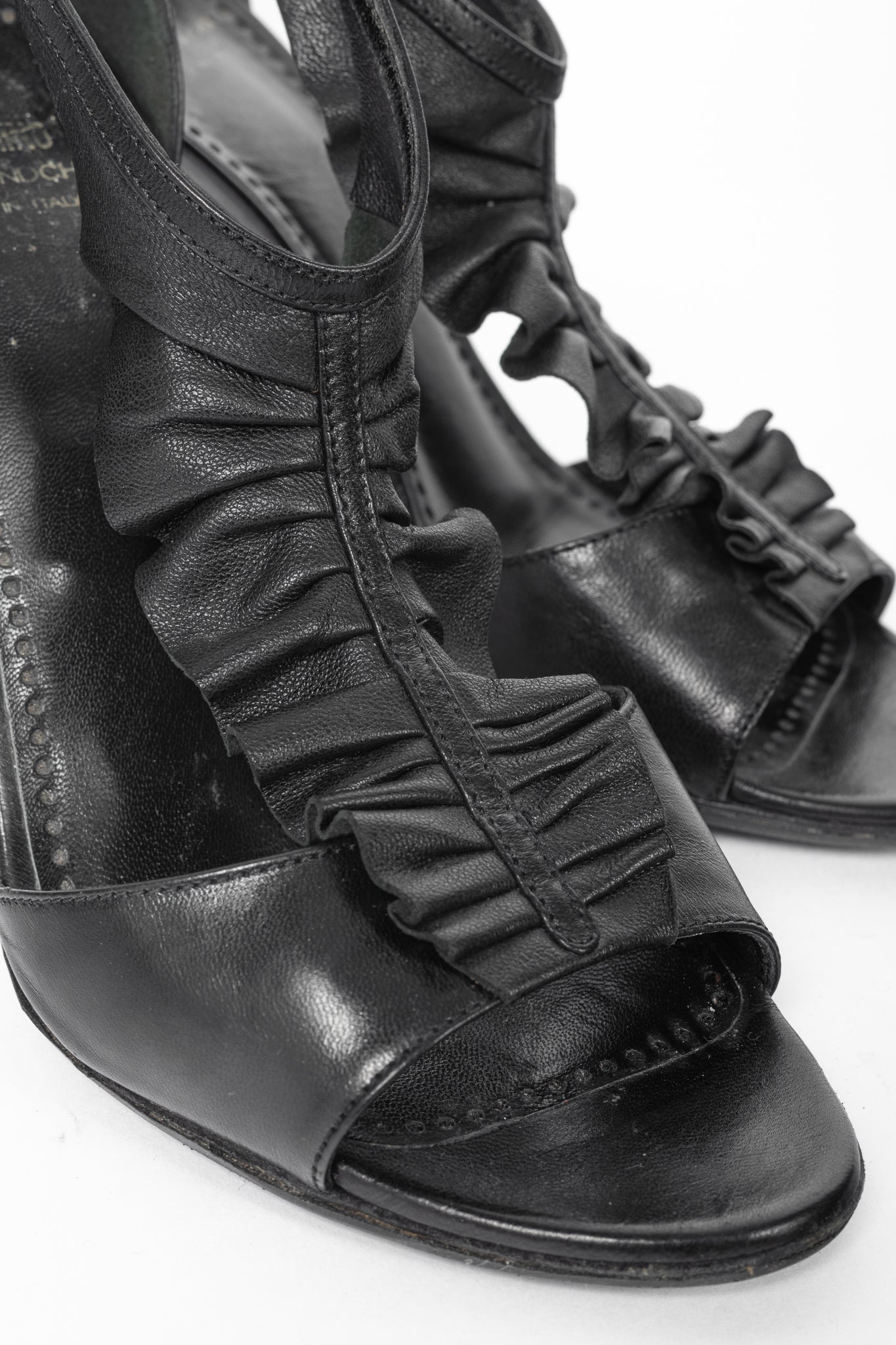Moschino Cheap and Chic Black Leather Ruffle T-Strap Sandals