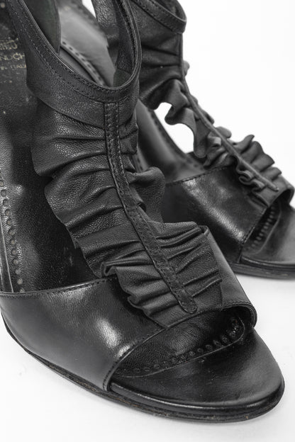 Moschino Cheap and Chic Black Leather Ruffle T-Strap Sandals