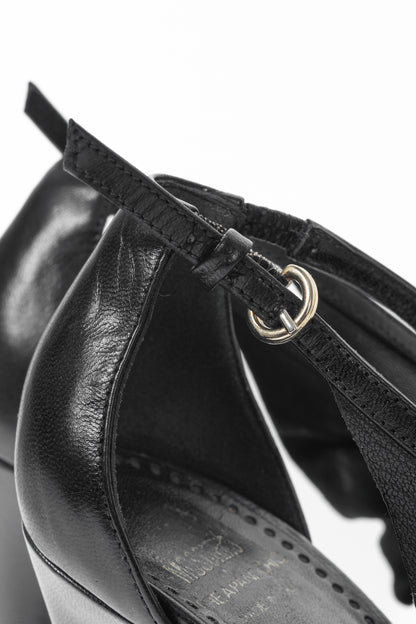 Moschino Cheap and Chic Black Leather Ruffle T-Strap Sandals