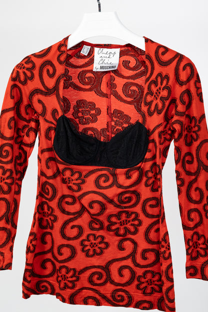 Moschino Cheap and Chic Red Floral-Jacquard Cotton Bustier Top