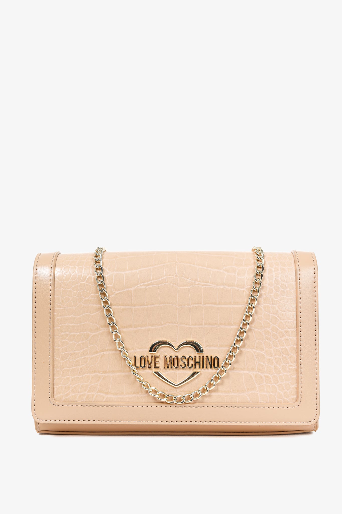 Love Moschino Beige Crocodile-Embossed Vegan Leather Flap Bag