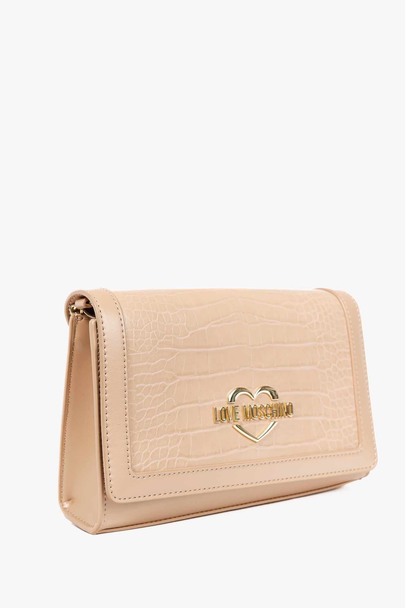 Love Moschino Beige Crocodile-Embossed Vegan Leather Flap Bag