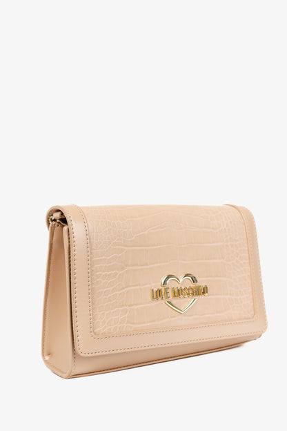 Love Moschino Beige Crocodile-Embossed Vegan Leather Flap Bag