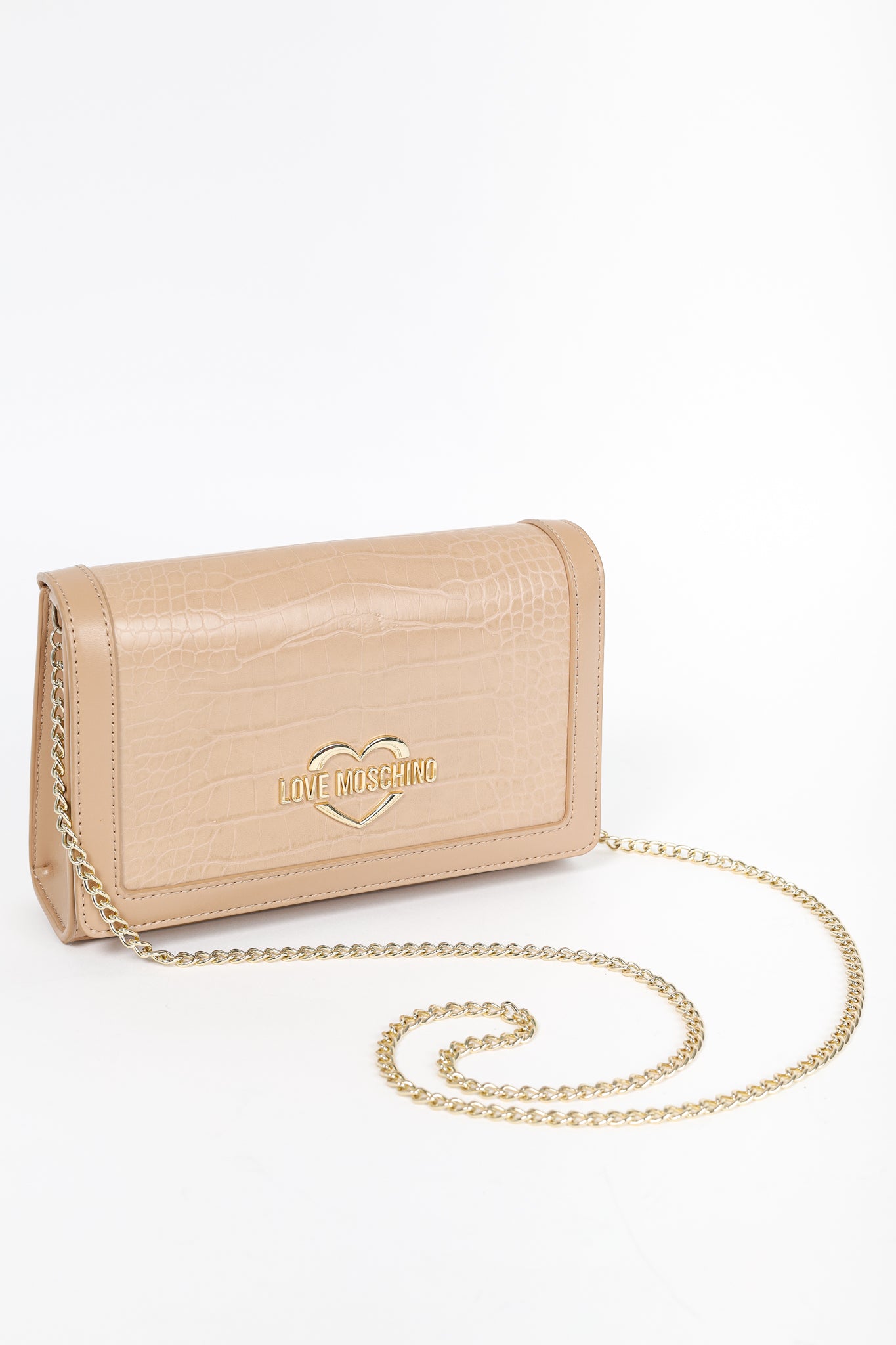 Love Moschino Beige Crocodile-Embossed Vegan Leather Flap Bag