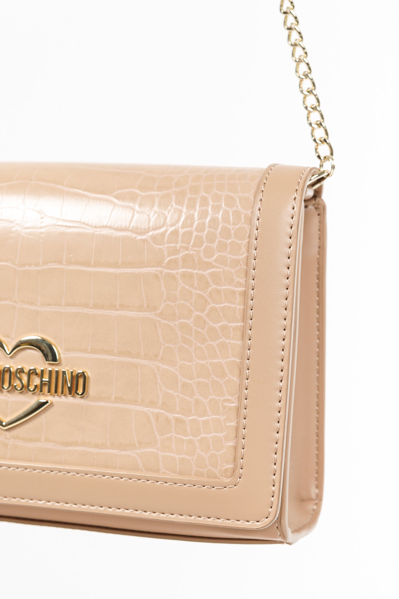 Love Moschino Beige Crocodile-Embossed Vegan Leather Flap Bag