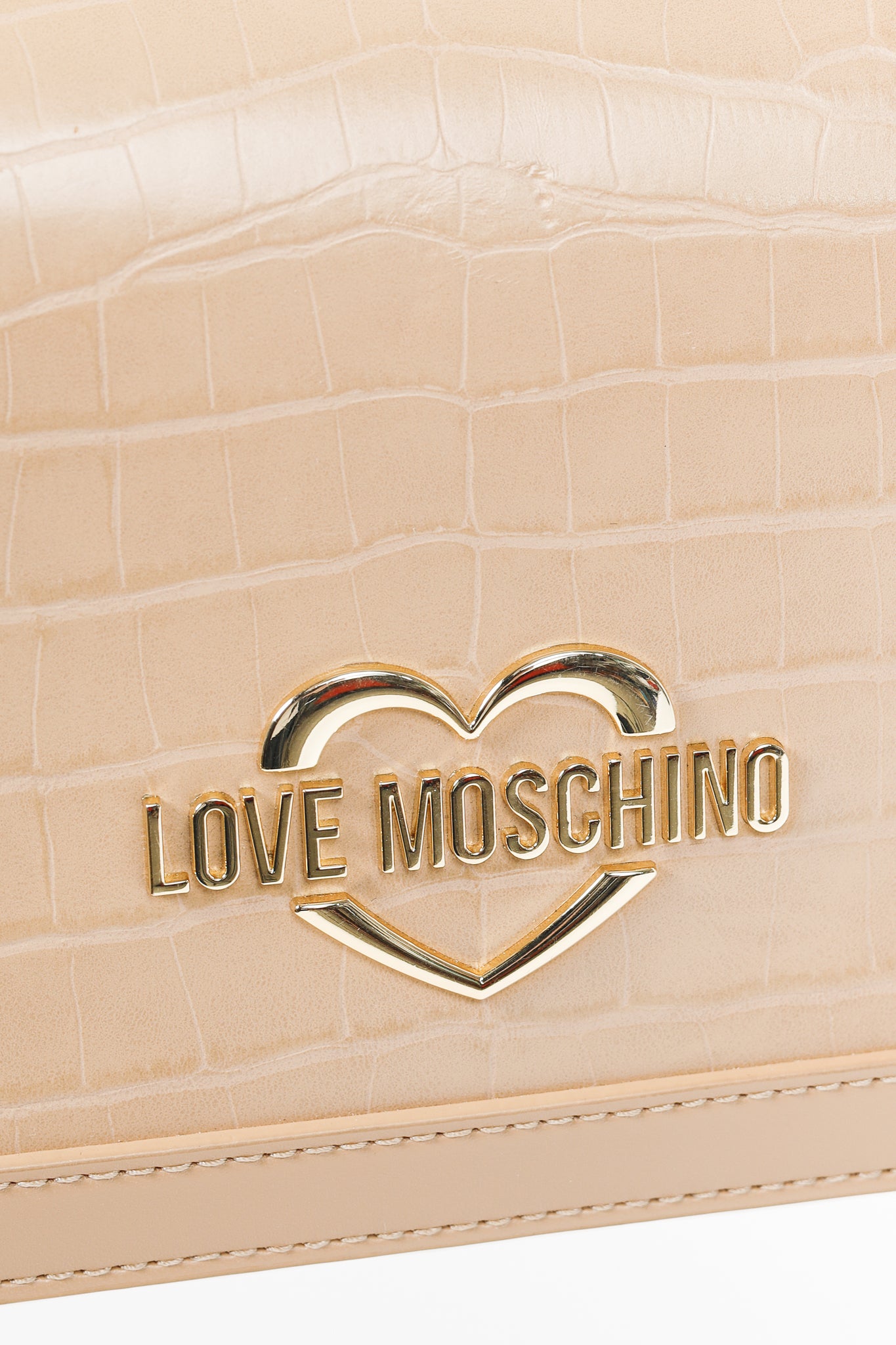 Love Moschino Beige Crocodile-Embossed Vegan Leather Flap Bag