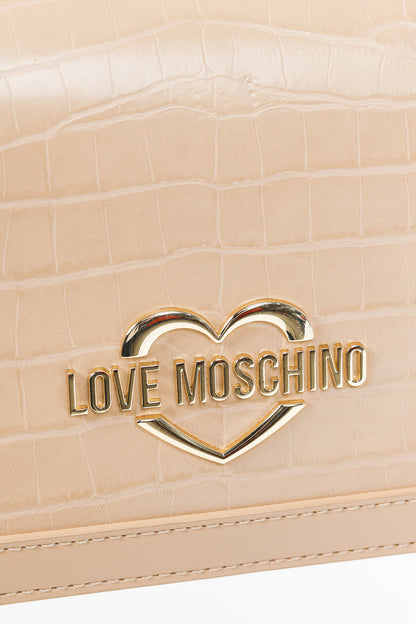 Love Moschino Beige Crocodile-Embossed Vegan Leather Flap Bag