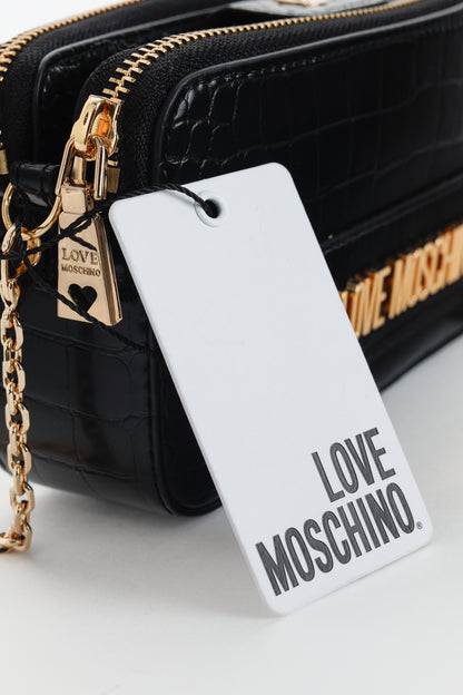 Love Moschino Nero PU Croco Logo-Plaque Zip Around Crossbody Bag