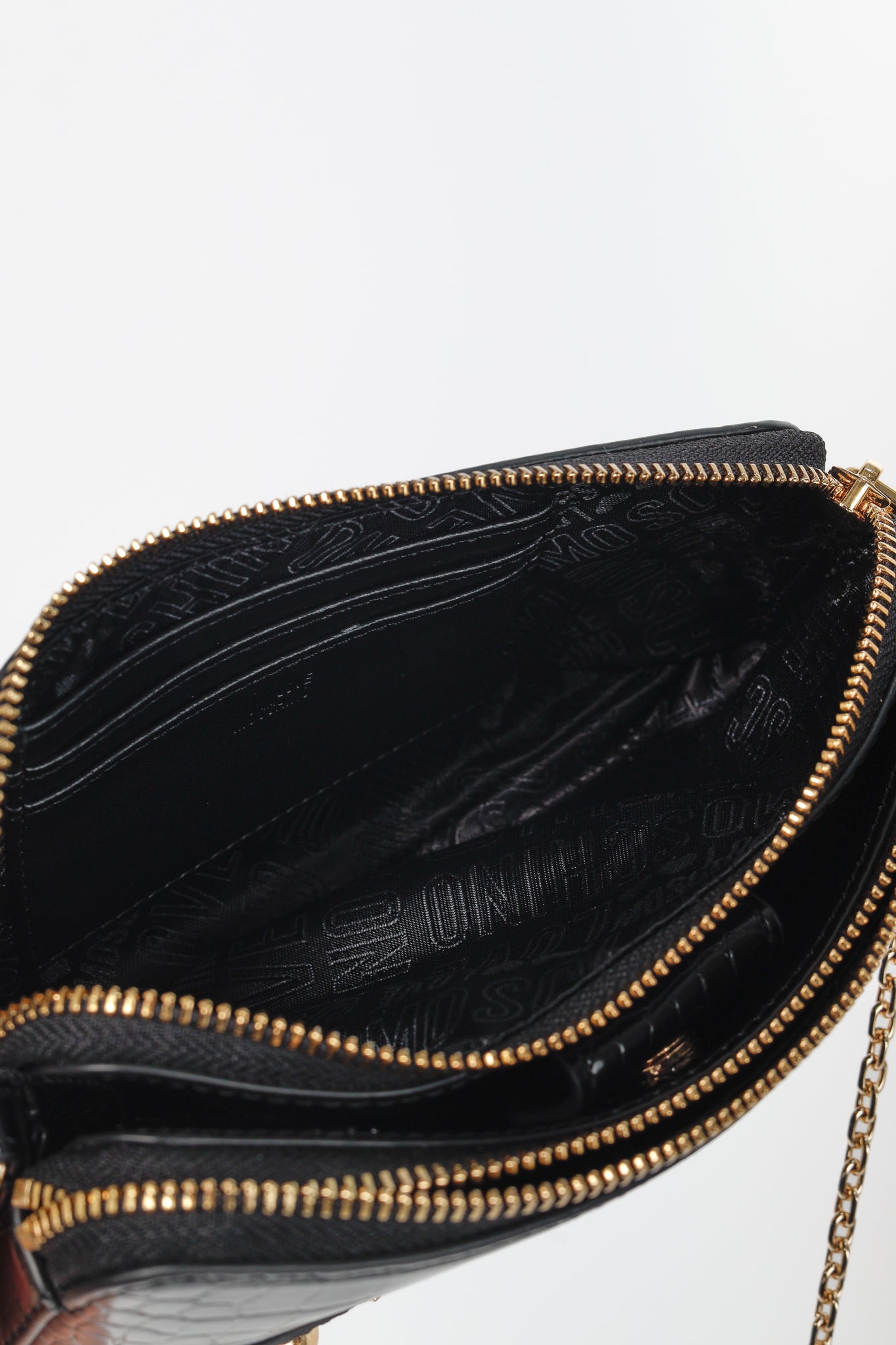 Love Moschino Nero PU Croco Logo-Plaque Zip Around Crossbody Bag