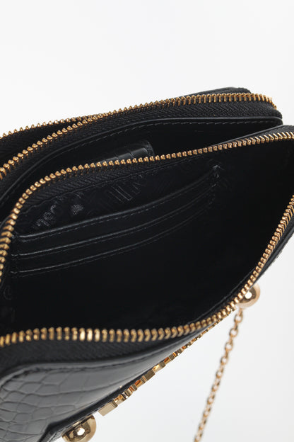 Love Moschino Nero PU Croco Logo-Plaque Zip Around Crossbody Bag