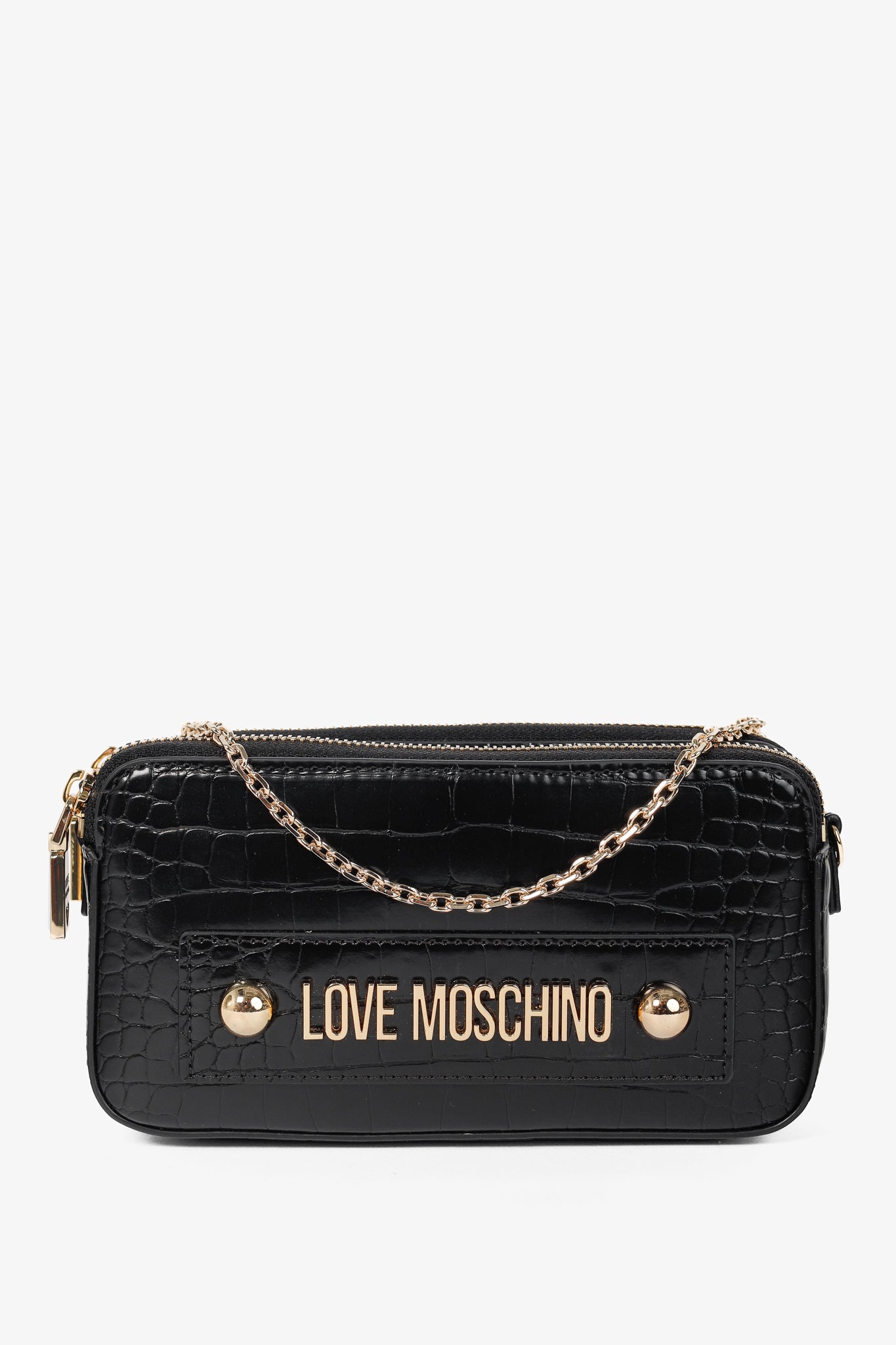 Love Moschino Nero PU Croco Logo-Plaque Zip Around Crossbody Bag