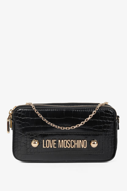 Love Moschino Nero PU Croco Logo-Plaque Zip Around Crossbody Bag