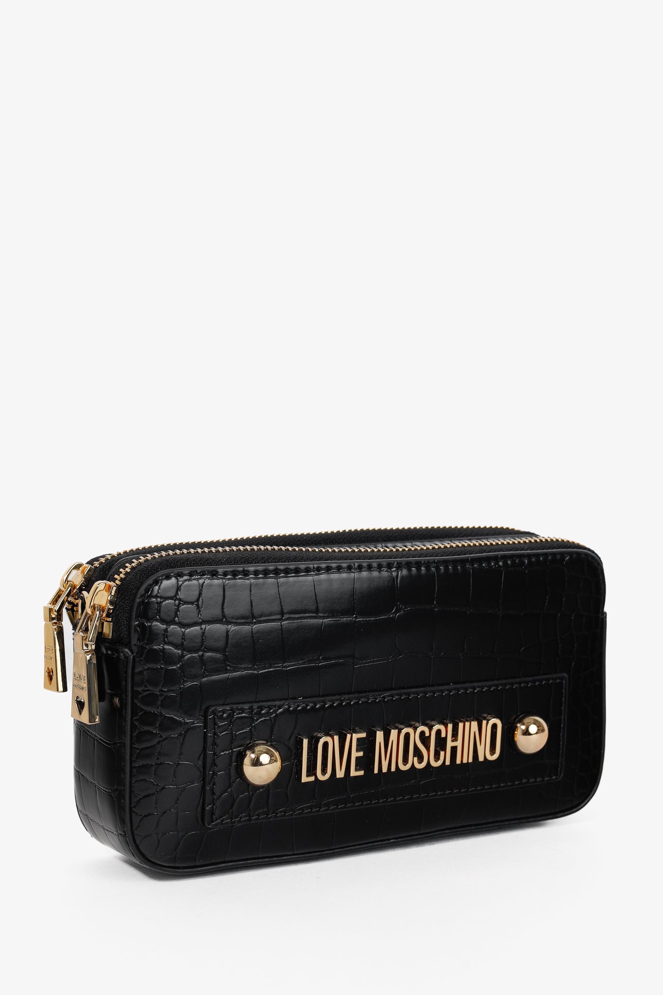 Love Moschino Nero PU Croco Logo-Plaque Zip Around Crossbody Bag