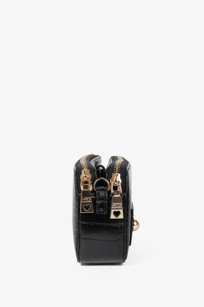 Love Moschino Nero PU Croco Logo-Plaque Zip Around Crossbody Bag
