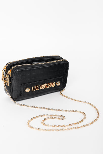 Love Moschino Nero PU Croco Logo-Plaque Zip Around Crossbody Bag