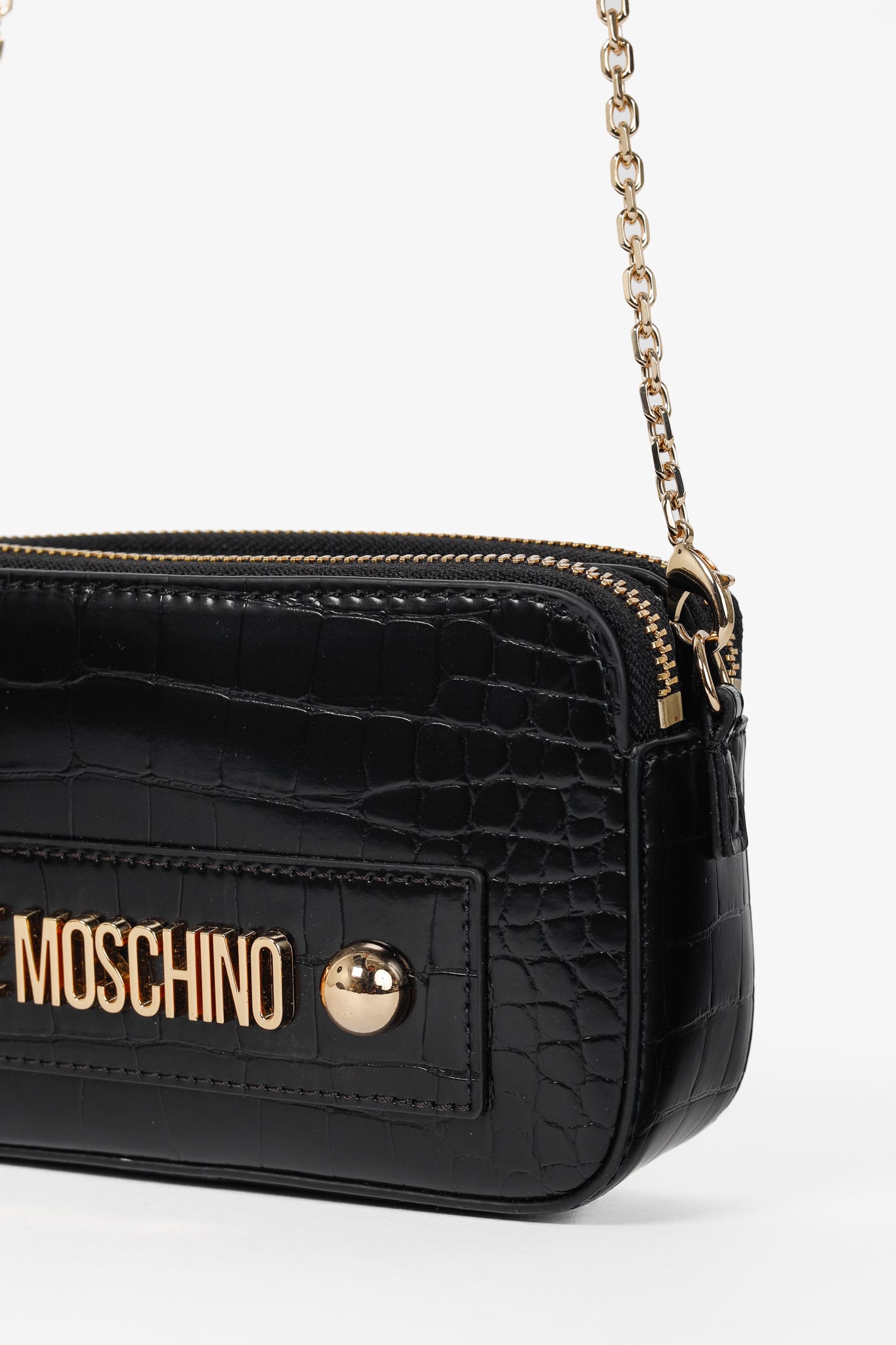Love Moschino Nero PU Croco Logo-Plaque Zip Around Crossbody Bag