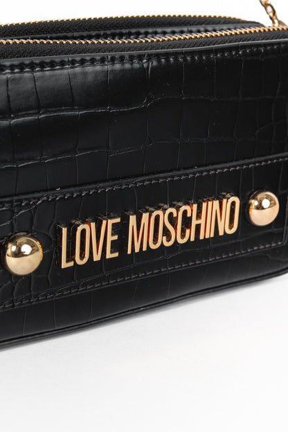 Love Moschino Nero PU Croco Logo-Plaque Zip Around Crossbody Bag
