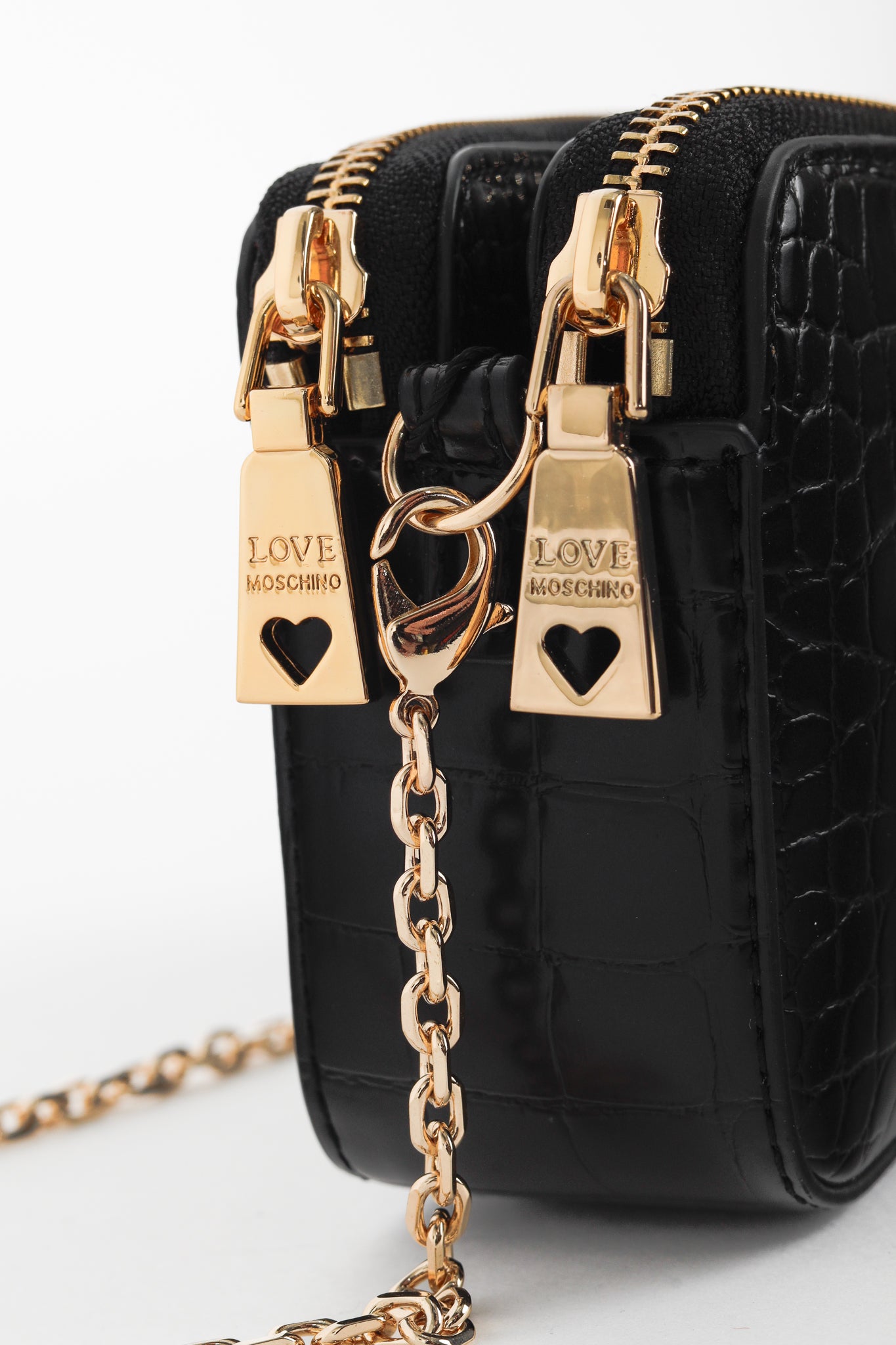 Love Moschino Nero PU Croco Logo-Plaque Zip Around Crossbody Bag