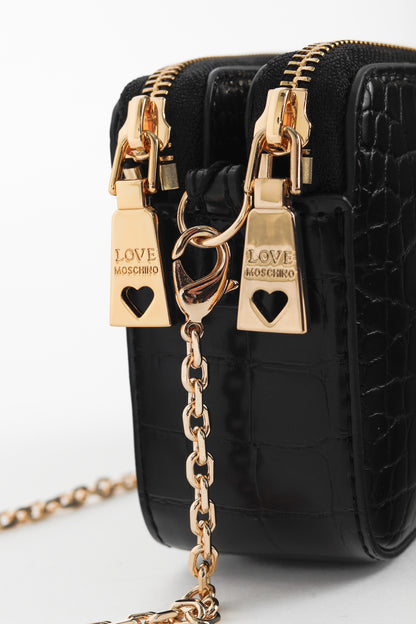 Love Moschino Nero PU Croco Logo-Plaque Zip Around Crossbody Bag