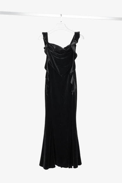 Nana Jacqueline Caroline Black Velvet Ruffle-Strap Mermaid Gown