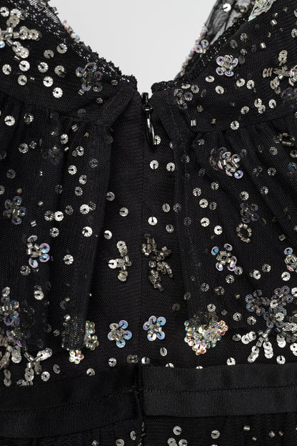 Needle & Thread Supernova Black Metallic Off-Shoulder Ruffle Embellished Tulle Mini Dress