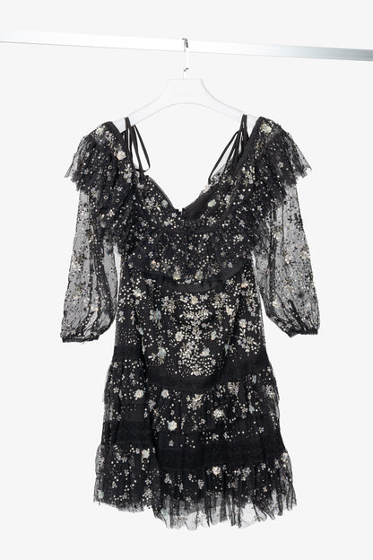 Needle & Thread Supernova Black Metallic Off-Shoulder Ruffle Embellished Tulle Mini Dress