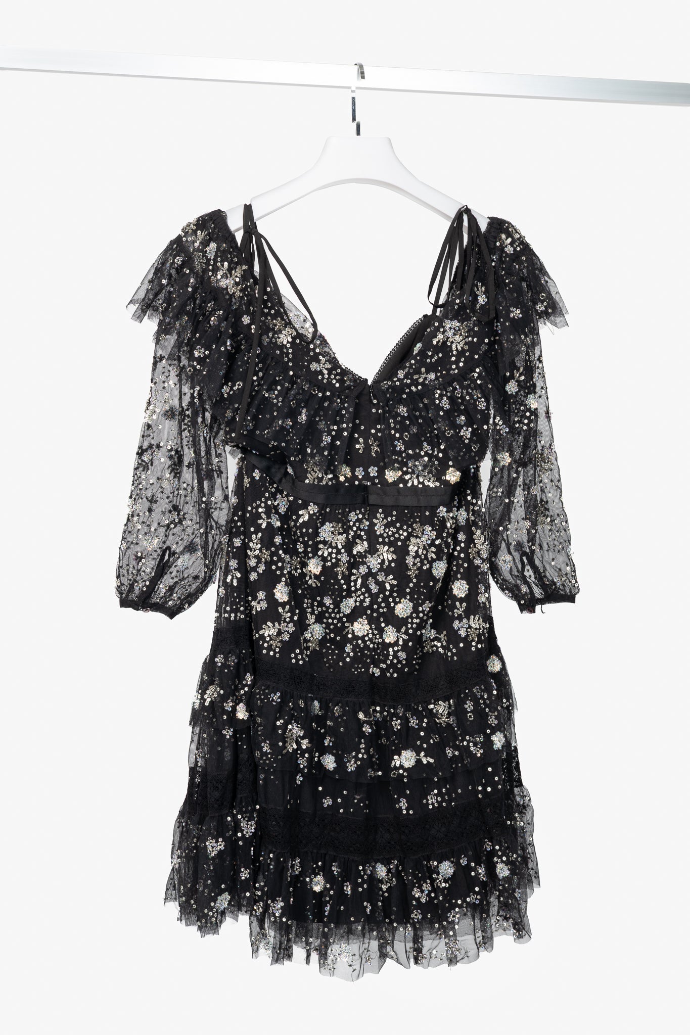 Needle & Thread Supernova Black Metallic Off-Shoulder Ruffle Embellished Tulle Mini Dress
