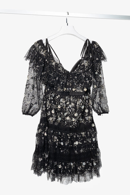 Needle & Thread Supernova Black Metallic Off-Shoulder Ruffle Embellished Tulle Mini Dress