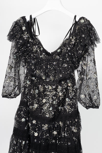 Needle & Thread Supernova Black Metallic Off-Shoulder Ruffle Embellished Tulle Mini Dress
