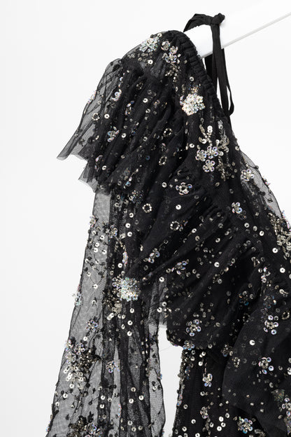 Needle & Thread Supernova Black Metallic Off-Shoulder Ruffle Embellished Tulle Mini Dress