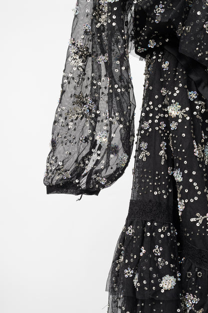 Needle & Thread Supernova Black Metallic Off-Shoulder Ruffle Embellished Tulle Mini Dress