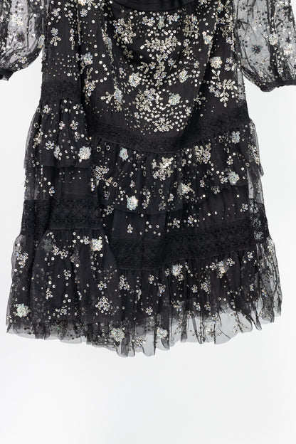 Needle & Thread Supernova Black Metallic Off-Shoulder Ruffle Embellished Tulle Mini Dress
