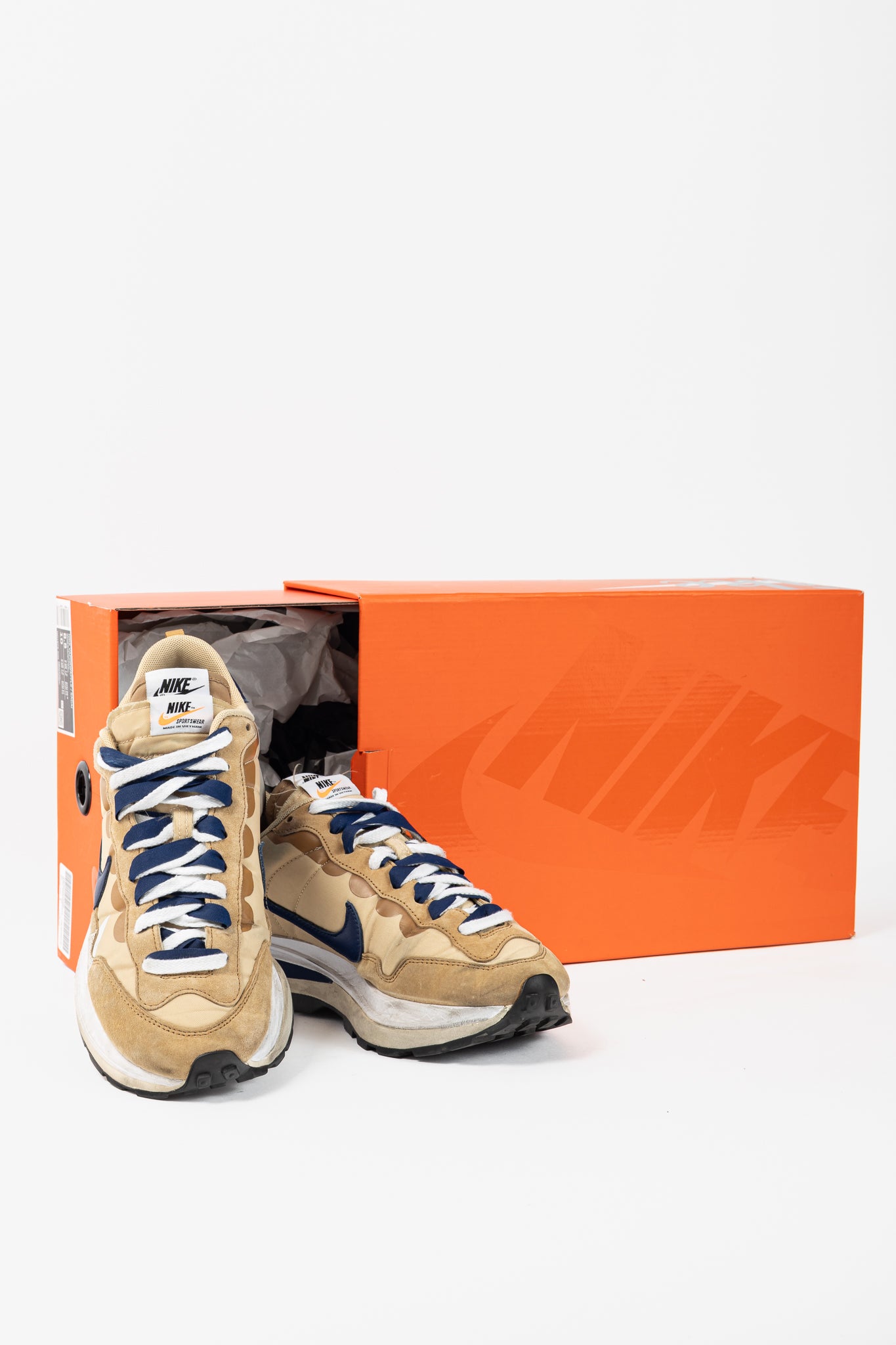 Nike x Sacai VaporWaffle Sesame, Blue-Void, & White Low-Top Sneakers